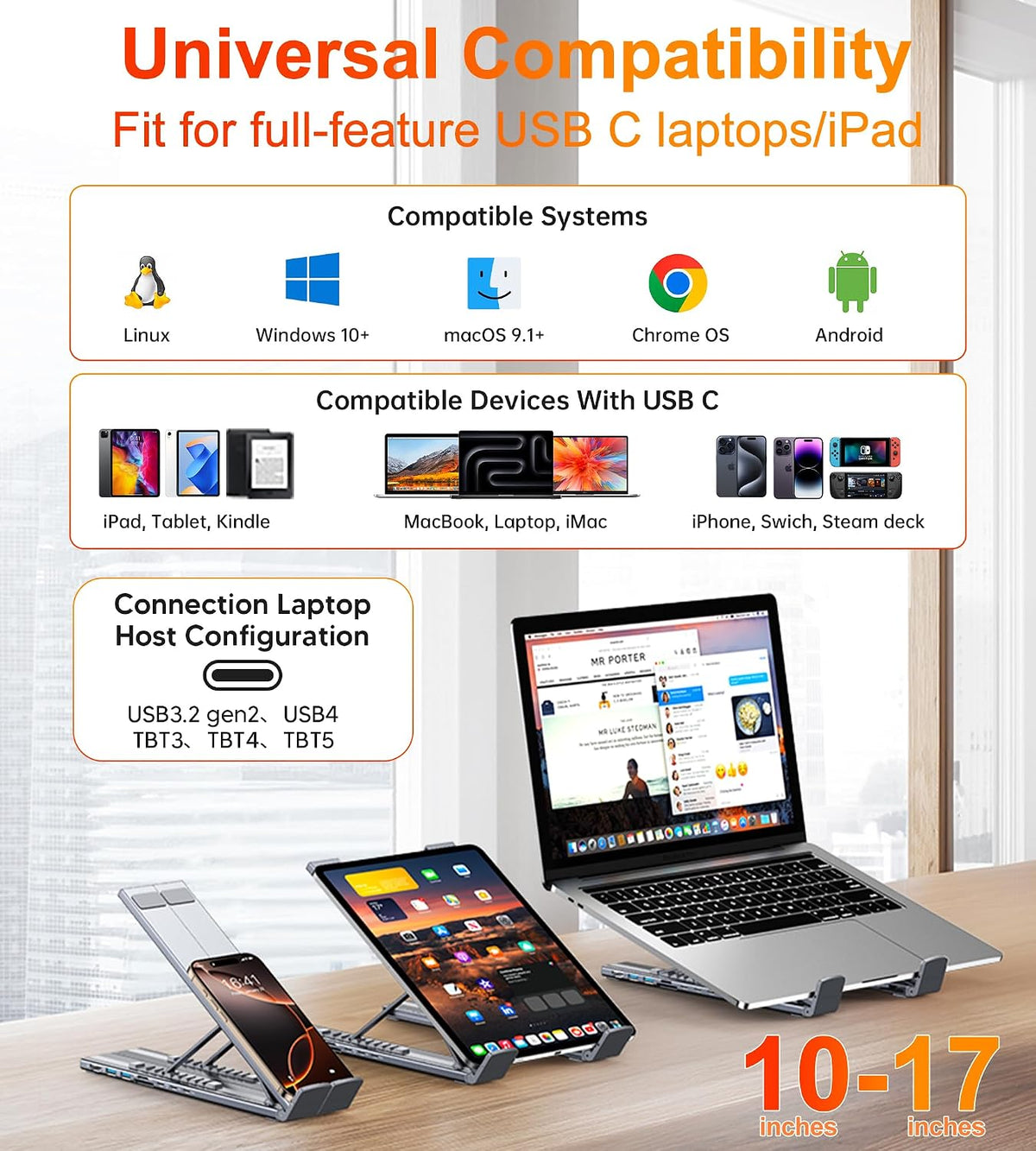 8-in-1 USB-C Laptop Stand Foldable Docking Station Universal Type-C Tablet Stand with Hubs Adapter Plug Play for Laptops