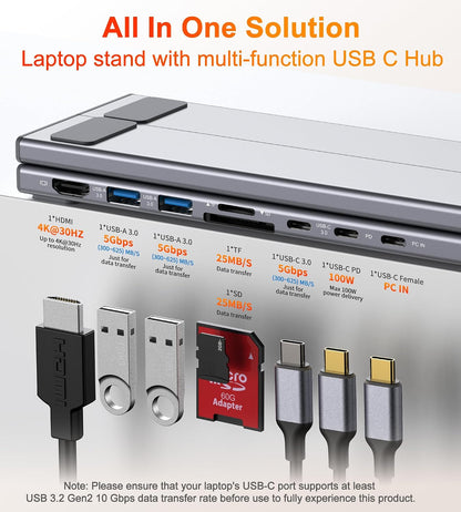 8-in-1 USB-C Laptop Stand Foldable Docking Station Universal Type-C Tablet Stand with Hubs Adapter Plug Play for Laptops