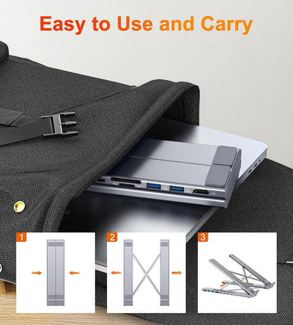 8-in-1 USB-C Laptop Stand Foldable Docking Station Universal Type-C Tablet Stand with Hubs Adapter Plug Play for Laptops